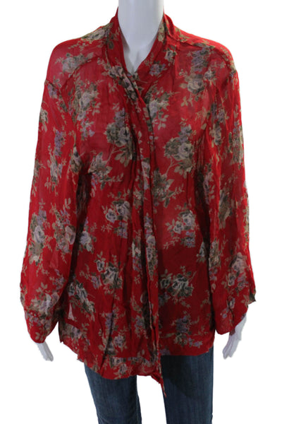 Free People Womens Semi Sheer Floral Print Open Front Kimono Red Size S