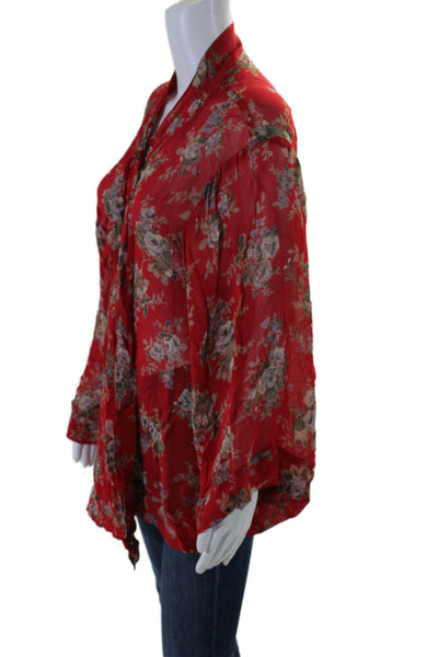 Free People Womens Semi Sheer Floral Print Open Front Kimono Red Size S