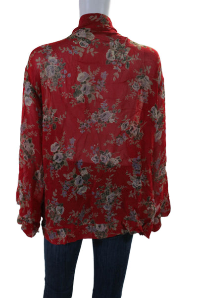 Free People Womens Semi Sheer Floral Print Open Front Kimono Red Size S