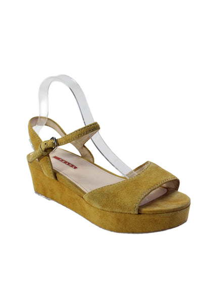 Prada Womens Suede Peep Toe Platform Ankle Strap Sandals Yellow Size 40.5