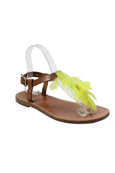 Valentino Garavani Womens Leather Open Toe T Strap Feather Sandals Yellow Size 6