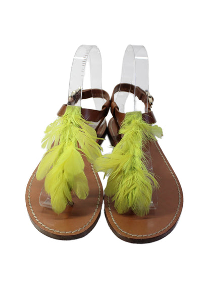 Valentino Garavani Womens Leather Open Toe T Strap Feather Sandals Yellow Size 6