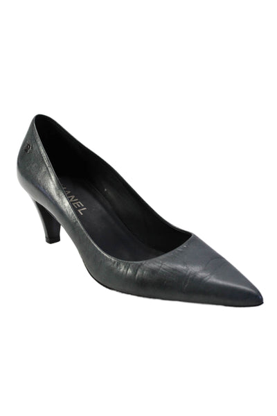 Chanel Womens Leather Pointed Toe Slip On Pumps Gray Size 9