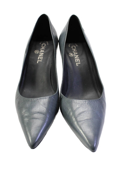 Chanel Womens Leather Pointed Toe Slip On Pumps Gray Size 9