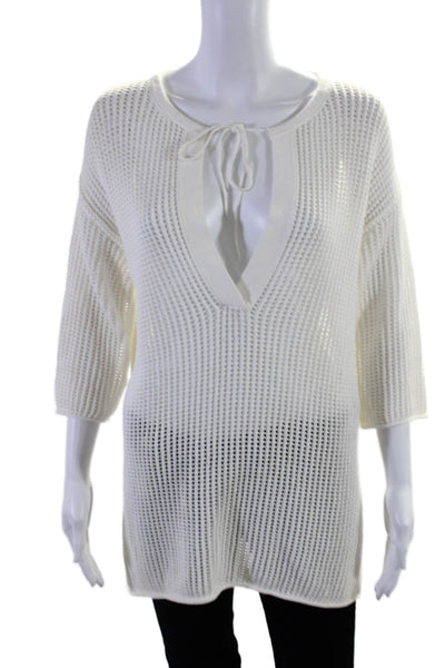 Theory Womens Cotton Open Knit V-neck Drawstring Half Sleeve Sweater White Size