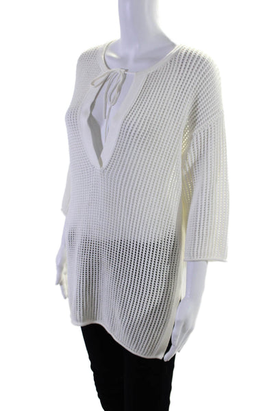 Theory Womens Cotton Open Knit V-neck Drawstring Half Sleeve Sweater White Size