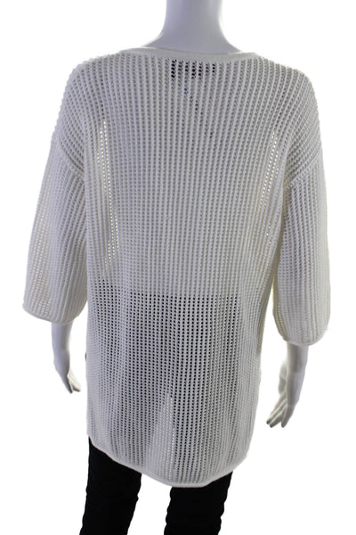 Theory Womens Cotton Open Knit V-neck Drawstring Half Sleeve Sweater White Size