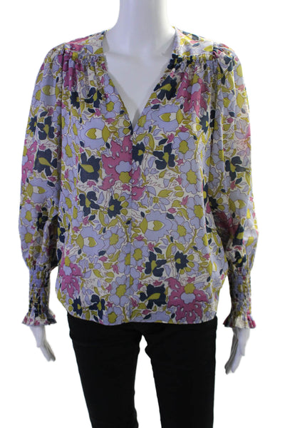 Rebecca Taylor Womens Floral Print V-Neck Long Sleeve Blouse Top Blue Size XS