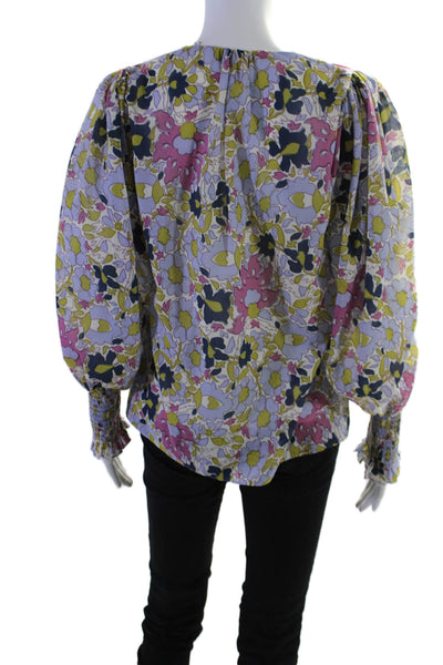 Rebecca Taylor Womens Floral Print V-Neck Long Sleeve Blouse Top Blue Size XS