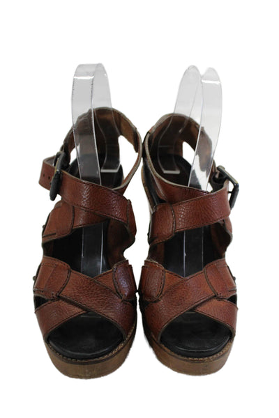 Chloe Womens Brown Leather Strappy Block Heels Platform Sandals Shoes Size 7