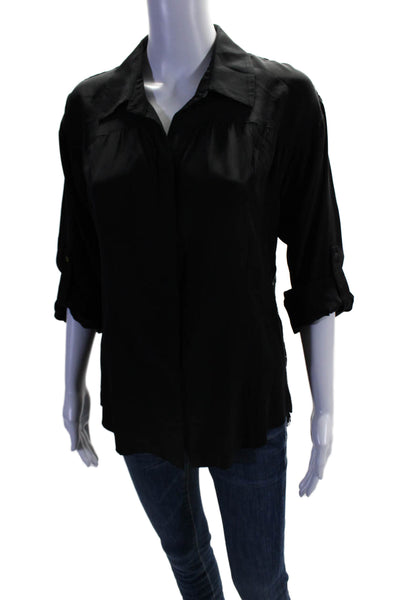 Madison Marcus Womens Silk Black Lace Up Back Collar Button Down Shirt Size S