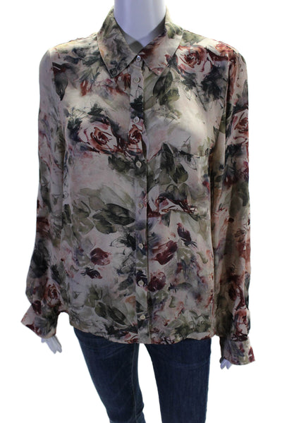 Haute Hippie Womens Silk Beige Floral Long Sleeve Button Down Shirt Size M