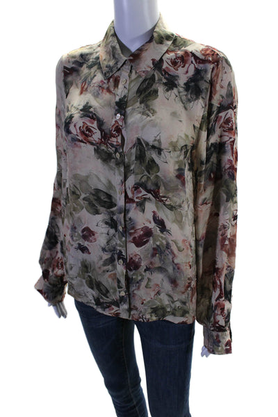 Haute Hippie Womens Silk Beige Floral Long Sleeve Button Down Shirt Size M