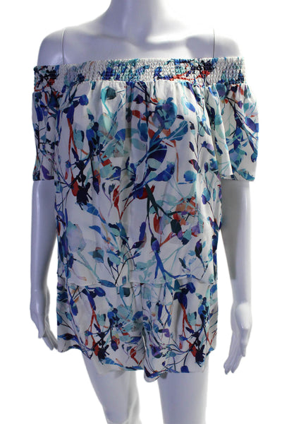 Parker Womens Silk White Blue Floral Off Shoulder Short Sleeve Romper Size M