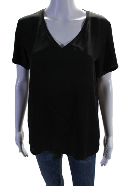 Theory Womens Silk Solid Black V-Neck Short Sleeve Tee Top Size S