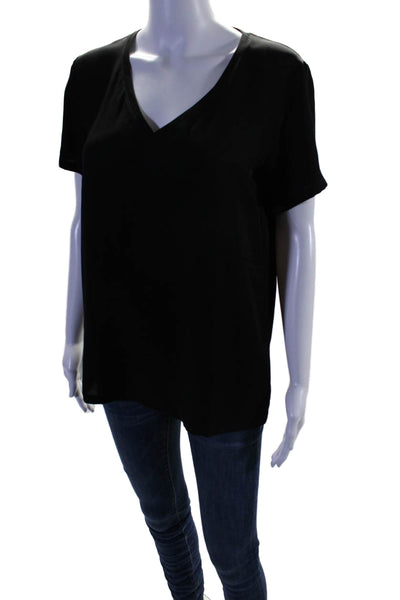 Theory Womens Silk Solid Black V-Neck Short Sleeve Tee Top Size S