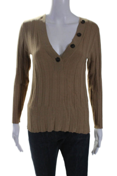 J Crew Womens Knit Ribbed V-neck Buttons Lined Ruffle Bottom Sweater Beige Size