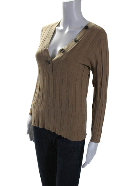 J Crew Womens Knit Ribbed V-neck Buttons Lined Ruffle Bottom Sweater Beige Size