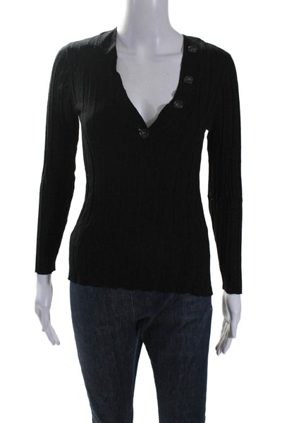 J Crew Womens V-neck Button Ribbed Knit Fitted Long Sleeve Top Black Size S