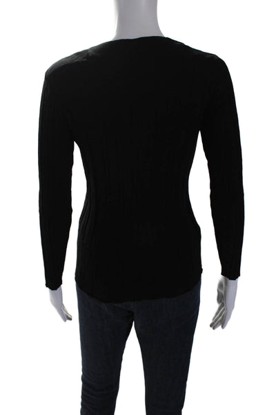 J Crew Womens V-neck Button Ribbed Knit Fitted Long Sleeve Top Black Size S