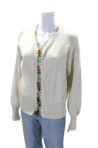 Self Same Womens Jeweled Trim Cardigan Sweater White Cotton Blend Size Small