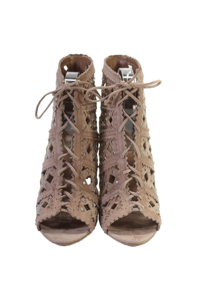 Alaia Womens Suede Studded Lace Up Open Toe Ankle Boots Beige Size 41 11