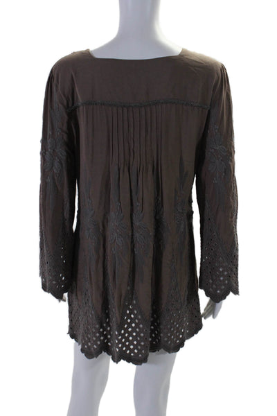 Sundance Womens Embroidered Square Neck Long Sleeve Mini Dress Brown Size M