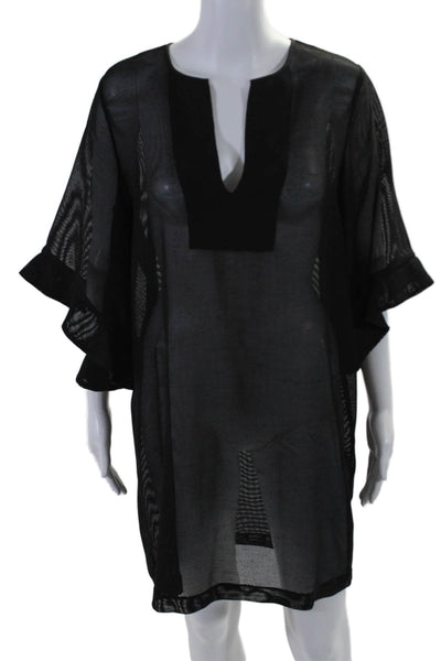 BCBGMAXAZRIA Womens Sheer V-Neck Long Sleeve Swimsuit Coverup Black Size M