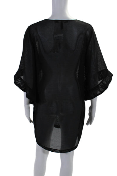 BCBGMAXAZRIA Womens Sheer V-Neck Long Sleeve Swimsuit Coverup Black Size M