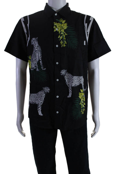 Mavrans Mens Collared Short Sleeve Abstract Print Button Shirt Black Size Large