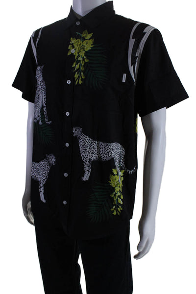 Mavrans Mens Collared Short Sleeve Abstract Print Button Shirt Black Size Large