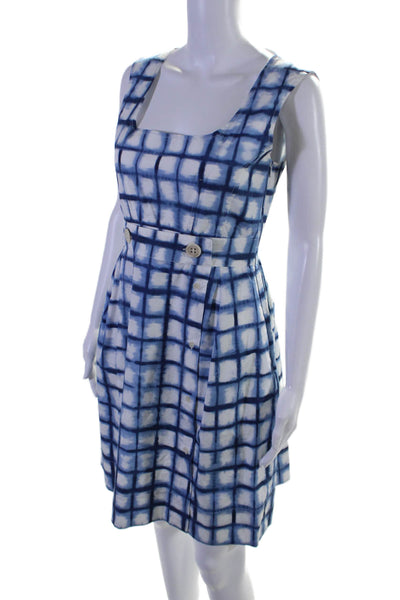 Sportmax Womens Cotton Check Print Buttoned Front Slit A-Line Dress Blue Size 6