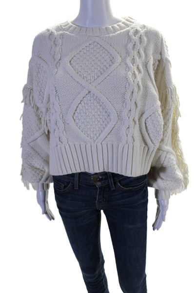 Line And Dot Womens White Cotton Fringe Crew Neck Pullover Sweater Top Size S