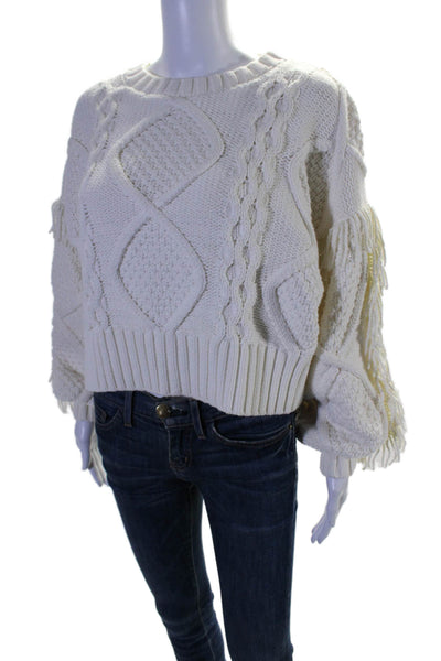 Line And Dot Womens White Cotton Fringe Crew Neck Pullover Sweater Top Size S