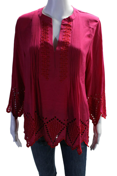 Rungolee Womens Fuschia Embordered Detail V-neck Long Sleeve Blouse Top Size M
