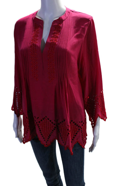 Rungolee Womens Fuschia Embordered Detail V-neck Long Sleeve Blouse Top Size M