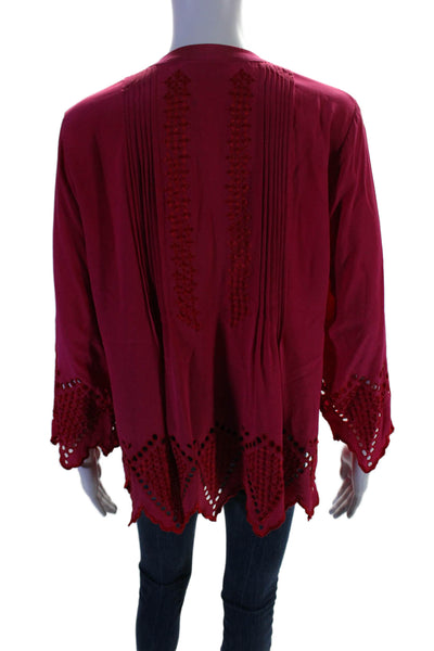 Rungolee Womens Fuschia Embordered Detail V-neck Long Sleeve Blouse Top Size M