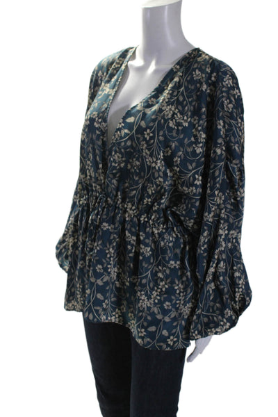 Elizabeth and James Womens Floral Print V Neck Blouse Blue Ivory Size 4