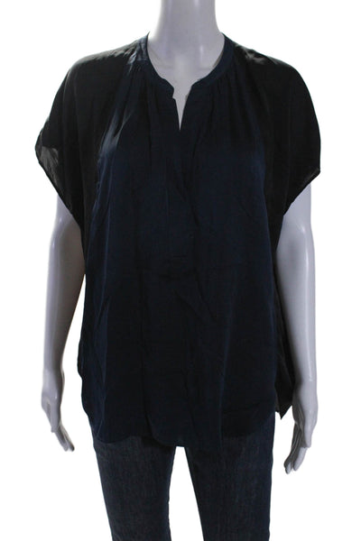 Vince Womens Half Button V Neck Short Sleeves Blouse Navy Blue Black Size Large