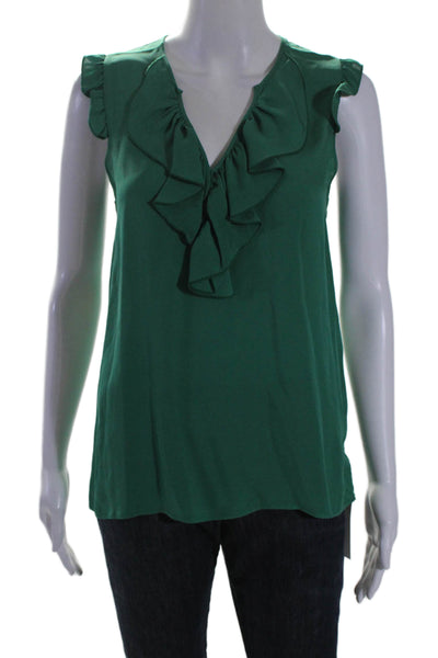 Theory Womens Silk Short Sleeves Ruffled Nalena Blouse Green Size Petite