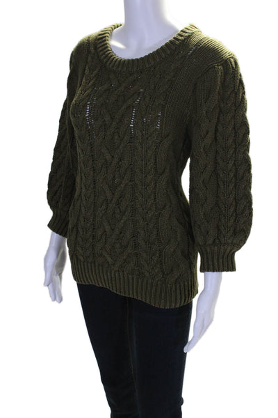 525 America Womens Cotton Green Cable Knit 3/4 Sleeve Pullover Sweater Top SizeL