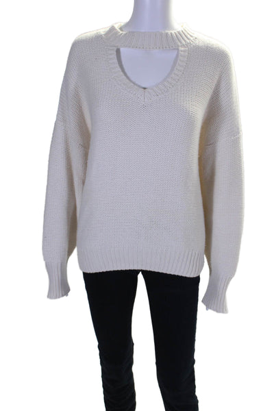 Misa Womens White Cotton Blend Crew Neck Long Sleeve Pullover Sweater Top Size M