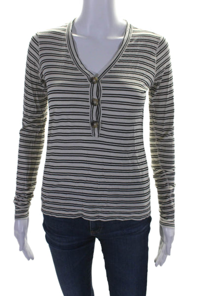 La Ligne Womens Button Front Long Sleeve Striped T Shirt White Size Small