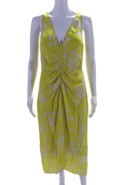 A.L.C. Womens Silk Floral Print Ruched Sleeveless Maxi Dress Yellow Size 8