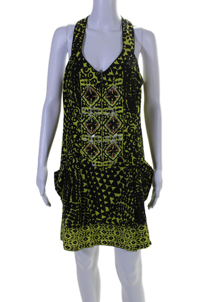 Nanette Lepore Womens Silk Beaded Sleeveless Pleated Dress Black Lime Green Size