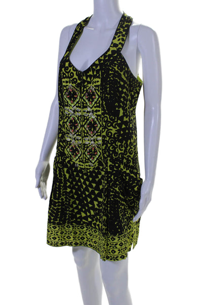 Nanette Lepore Womens Silk Beaded Sleeveless Pleated Dress Black Lime Green Size