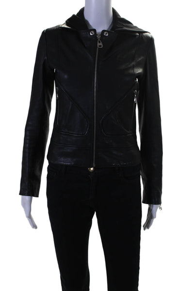 Doma Womens Leather Long Sleeves Hooded Full Zipper Jacket Black Size Extra Smal