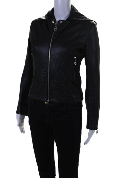 Doma Womens Leather Long Sleeves Hooded Full Zipper Jacket Black Size Extra Smal