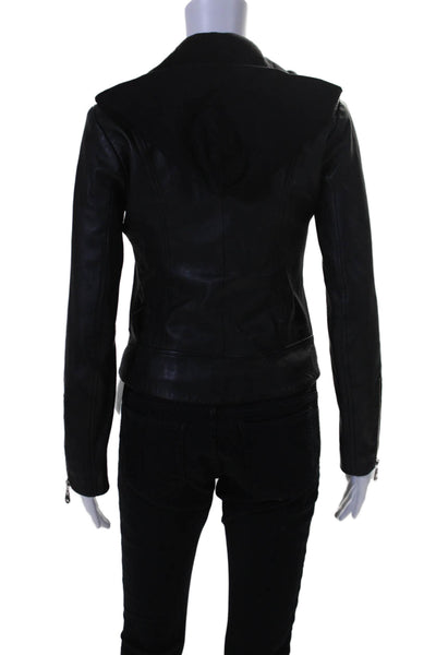 Doma Womens Leather Long Sleeves Hooded Full Zipper Jacket Black Size Extra Smal