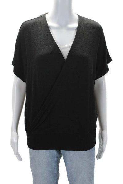 Rag & Bone Womens V-Neck Short Sleeve Pullover Draped Blouse Black Size L